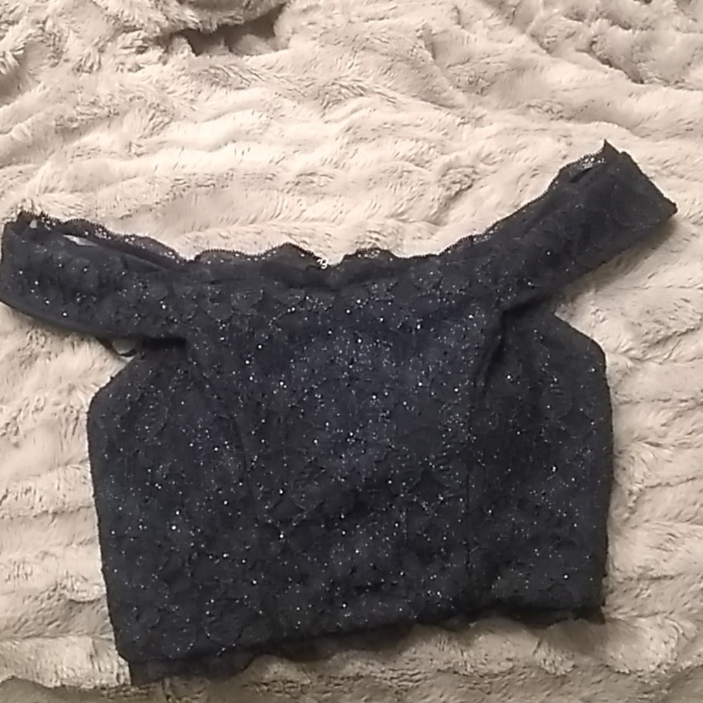 Navy blue lace off shoulder crop top
